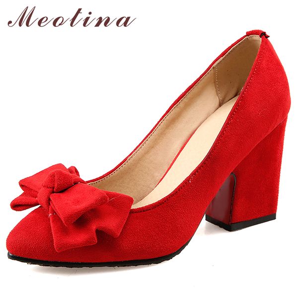 

meotina high heels women pumps bow chunky heels red bridal shoes pointed toe super high heel shoes ladies yellow plus size 33-43 y1215, Black