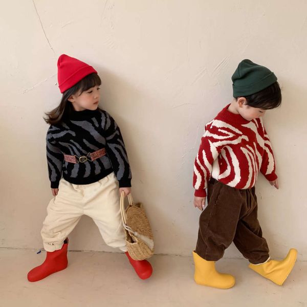 

version 2020 boys' winter new korean and girls' animal stripe children's thickened round neck long sve sweater, Blue