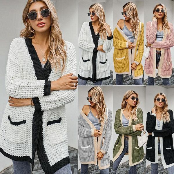 

winter women's v-neck thick knitted sweater coat retro stitching knitted long cardigan color matching warm coat1, White