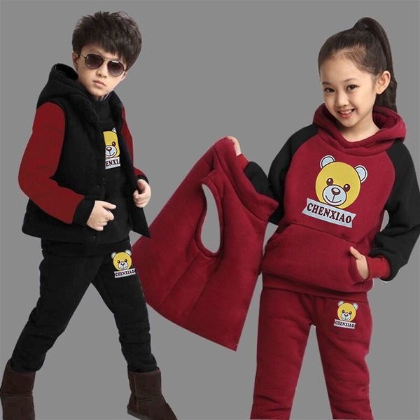 

jacket pants + vest autumn winter suit boys and girls' sweater with fleece warm three piece children's wear, White