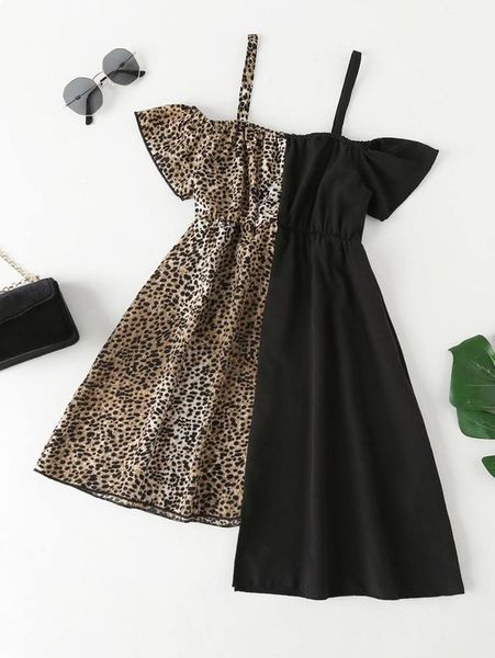 

girls leopard spliced cold shoulder asymmetrical hem dress she, Red;yellow