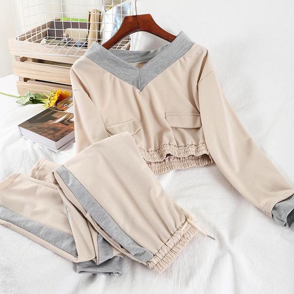 

fashion korean women two piece set and pants 2020 new autumn winter ladies color contrast casual suit set roupas feminina, Gray