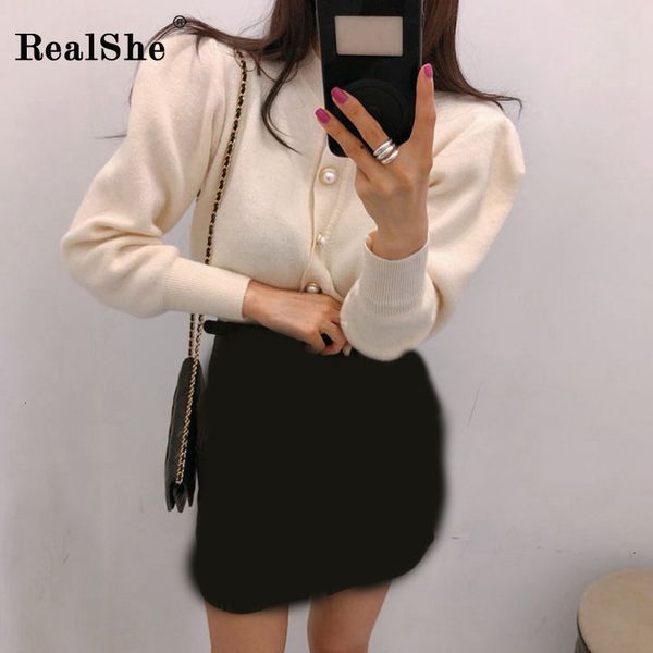 

realshe knit cardigan women o-neck long puff sleeve solid buttons cashmere sweater women 2020 spring casual sweters ladies t200101, White;black