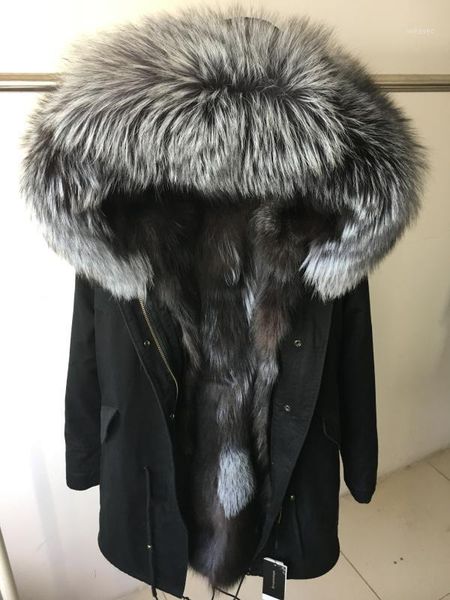 

raccoon fur collar parka women warm fur lined coat winter coat, Black