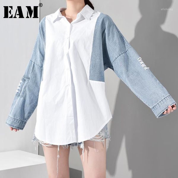 

eam] 2020 new spring autumn lapel long sleeve white hit color denim loose big size shirt women blouse fashion tide ae10601