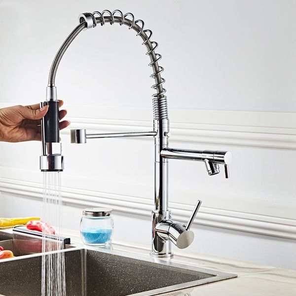 

all copper kitchen faucet stainless steel 360 rotatable extension type double outlet spring faucet can adjust hose length ing