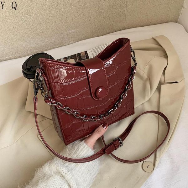 

stone pattern pu patent leather saddle crossbody bags for women 2021 winter luxury trend shoulder bag chain ladies handbags