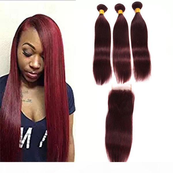 

100% unprocessed 99j straight virgin hair with closure #99j malaysian human hair 3 bundles with lace closure 4pcs lot red hair, Black;brown