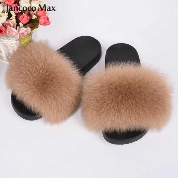 

women's real fur slipper summer fashion natural fox fur slides home lady furry sandals flip flops s6018 y200706, Black