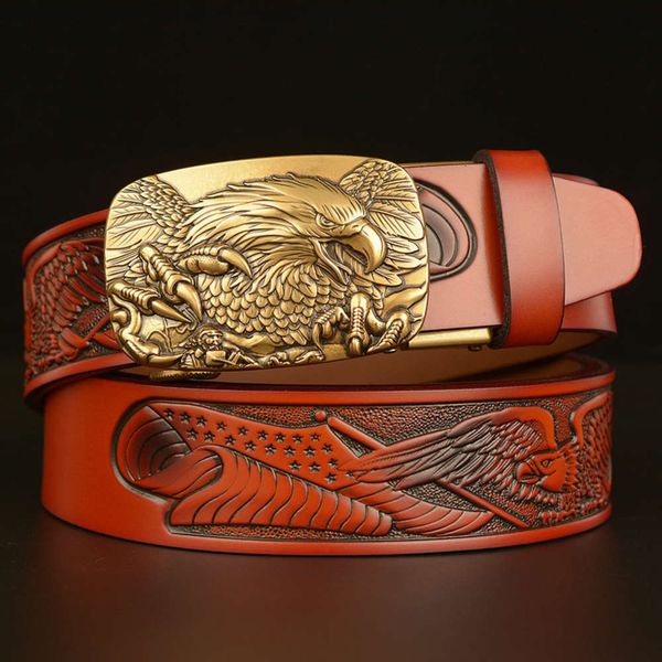

carved casual jeans with personality and aggressive eagle automatic buckle men's real leather belt, Black;brown