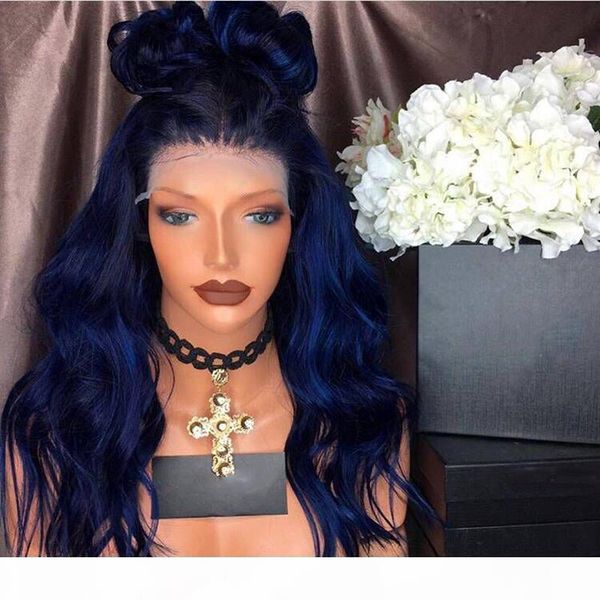 

blue synthetic lace front wig with baby hair body wave glueless lacefront blue wigs heat resistant synthetic for black women