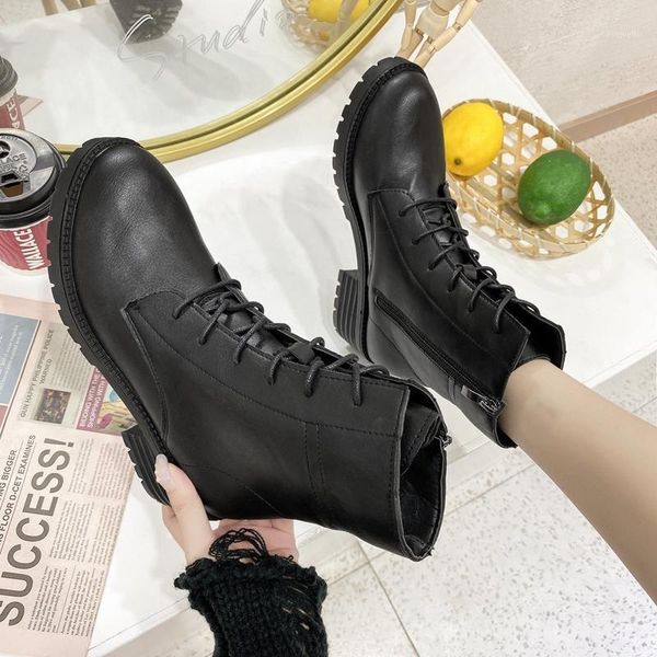 

boots women's rubber winter footwear round toe lace up shoes luxury designer boots-women rain 2021 med ankle rock ladies lolita1, Black