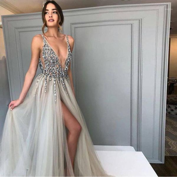 

silver sparkly prom dress long v neck beaded a-line spaghetti straps grey/silver front slit crystals evening dress famous design1, White;black