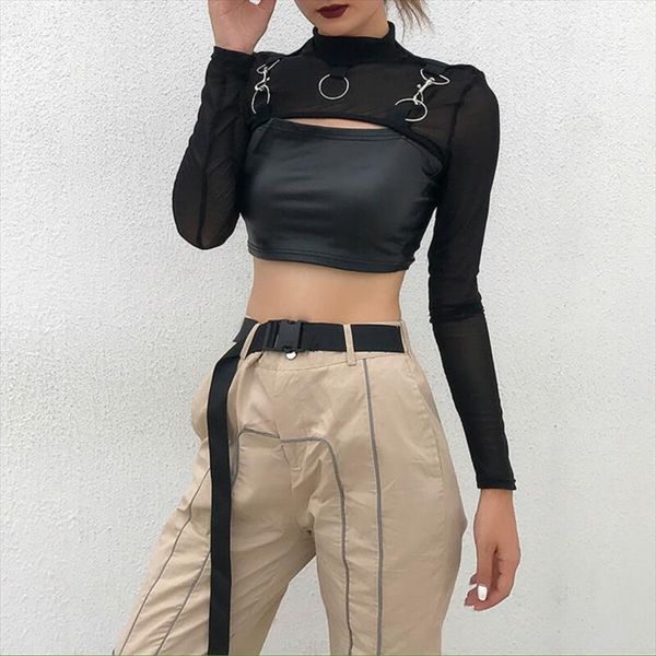 

us women lady mesh long sleeve o neck crop t shirt girls autumn polyester all seasons, White