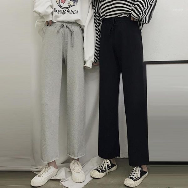 

new gray casual sports pants female autumn korean style baggy straight trousers high-waisted pants students ankle-length1, Black;white