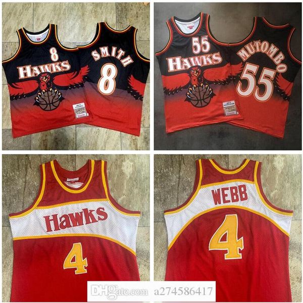 

men's basketball atlanta hawk 55 mutombo 8 smith 4 webb mitchell & ness 1986-87 96-97 red black retro classic jersey, Black;red