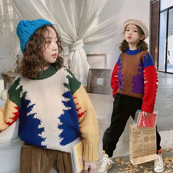 

new children's autumn clothing girls' 2020 and winter korean christmas tree sweater bottom coat color matching fashion lovely loos, Blue