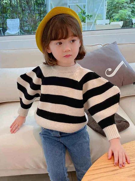 

pullover spring autumn girls sweater baby knitwear kids knitted children clothes black white striped puff sleeve 1 to 7 yrs, Blue