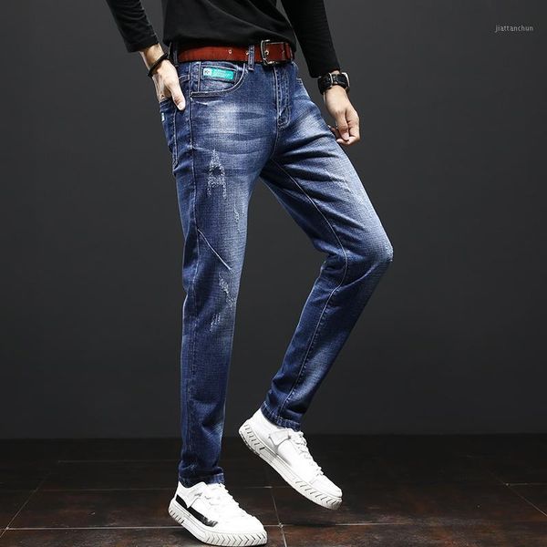 

autumn men jeans solid color micro-elastic classic jeans slim fit blue denim pants long trousers1