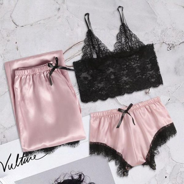 

3 pcs new style women sleep robe eyelash lace romance sleepwear set sling night pants lingerie underwear temptation #08071, Black;red