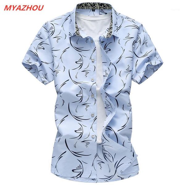 

7xl large size summer men's short-sleeved shirt irregular pattern printing cotton shirt slim business office men's casual1, White;black