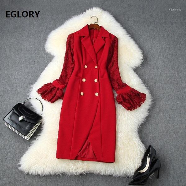 

2020 autumn winter fashion bodycon dress runway women notched collar lace patchwork flare sleeve red black work dress outfits1, Black;gray