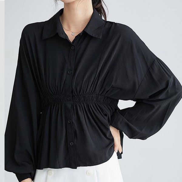 

korean style black fashion lantern sleeve loose blouse women casual elastic waist turn-down collar elegant shirt mujer1, White