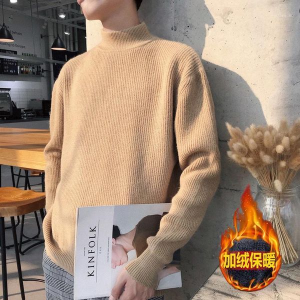 

autumn winter half turtleneck sweater men's thick loose cashmere clothes warm cotton pullover long sleeve solid knitted fashion1, White;black