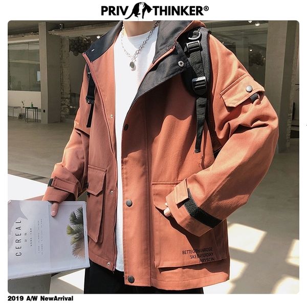 

privathinker 2020 autumn solid color big pockets korean casual loose jackets mens hooded windbreaker, Black