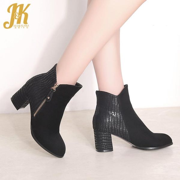 

boots jk emboss pu high heels thick women round toe boot ladies zip flock shoes female party winter 2021 blue, Black