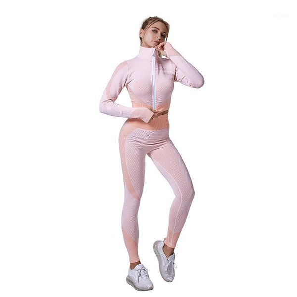 

yoga outfits long-sleeved set sports tight running exercise breathable seamless for women1, White;red