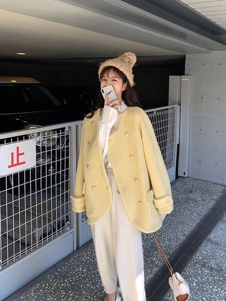 

teng yujia double breasted pocket short woolen coat, Black