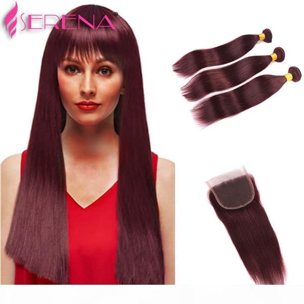 

indian virgin hair straight 3 bundles burgundy indian weft bundles burgundy 99j indian straight hair burgundy human bundle with closure, Black;brown
