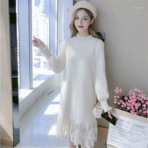 

direcly2020 spring and autumn and winter new ladies temperament dress ladies knitted stitching mesh lace dress girl1, Black;gray