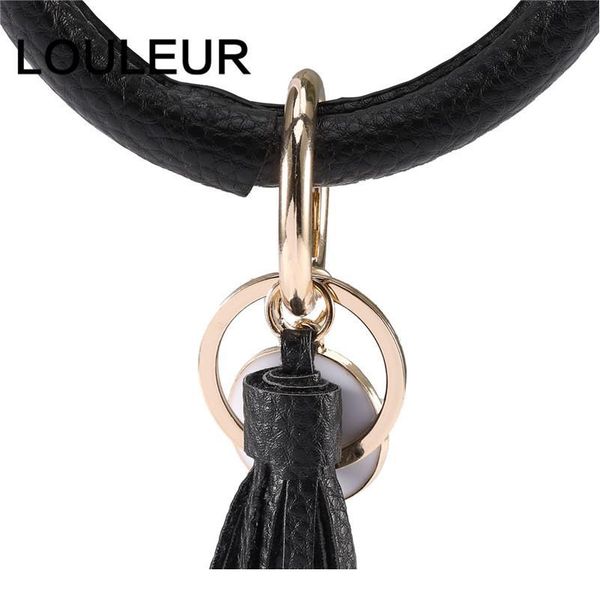 

new fashion pu leather round key chain custom circle tassel wristlet bracelet keychains women girl key ring jewe qylfne