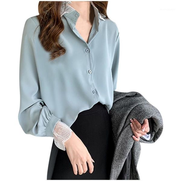 

women blouses turn down collar style long lantern sleeve lace spliced office shirt solid chiffon blouses & shirts1, White