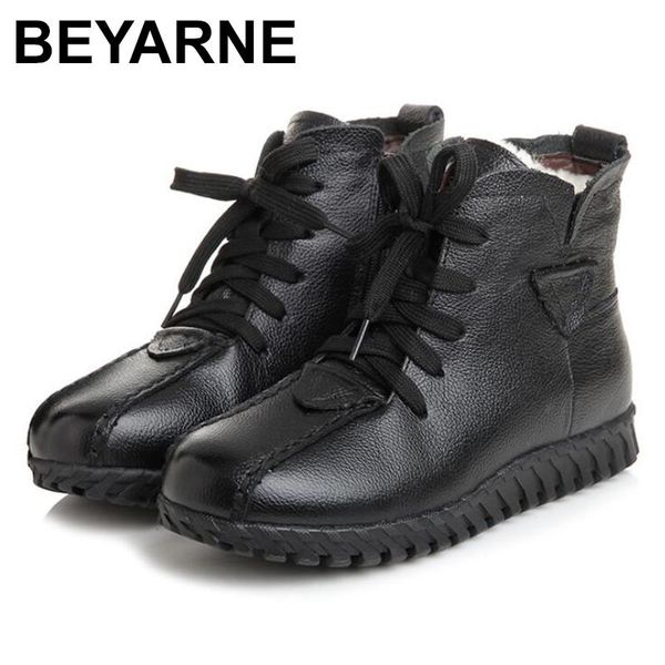 

boots beyarne everest winter femal botas woman real cow leather sheep wool warm cotton lace up rubber sole, Black