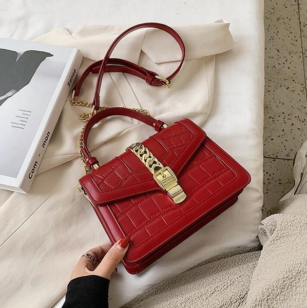 

factory wholesale women bag street trend embossed leather handbag gold buckle fashion shoulder bags stone womens messenger handbags, Black;red