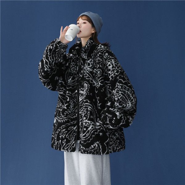 

2021 new winter tide lamb wool work done with male hip-hop loose couple cotton velvet white cargo jacket groq, Black