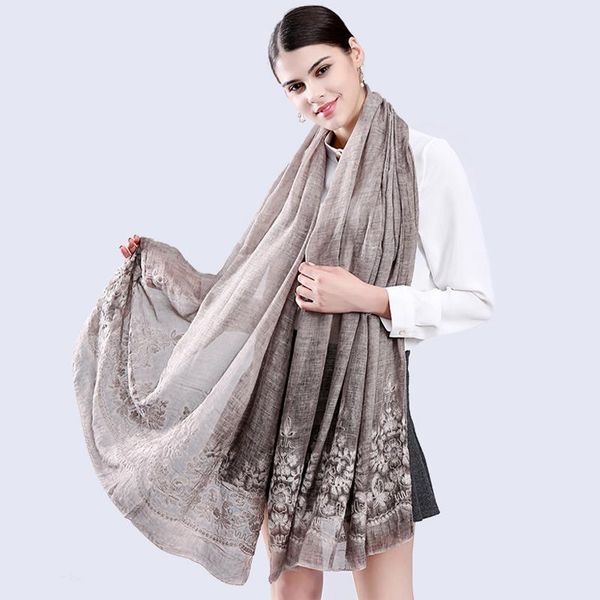 

vintage ethical style floral embroidery scarf retro beach shawl foulard satin shawl scarfs big size long silky, Blue;gray