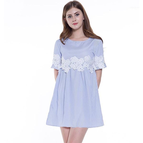 

2019 lace stitching blue striped cute babydoll dress women summer short sleeve o-neck casual dress party mini dresses1, Black;gray