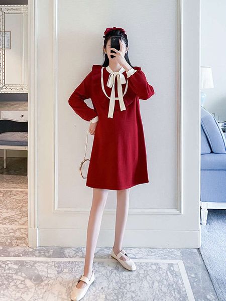 

red materni drs net fashion medium length knitted sweater skirt autumn and winter loose lace up nursing skirt long skirt, White