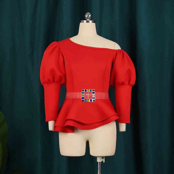 

Women's Polos Women Tops Blouse Peplum Skew Collar Long Lantern Sleeves with Waist Belt Party Classy Ladies Autumn Christmas 2022 Female 86XK, White