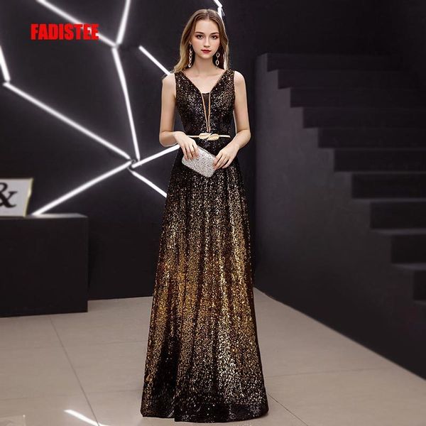 

fadistee new vestido de festa sweet long evening dress bride party sleevesless sequins prom dresses gold black slit neck lj201118, White;black