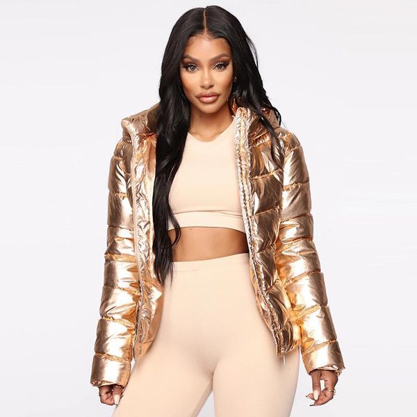 

2019 winter astro silver gold women fashion metallic cropped zipper jacket with cap1, Black