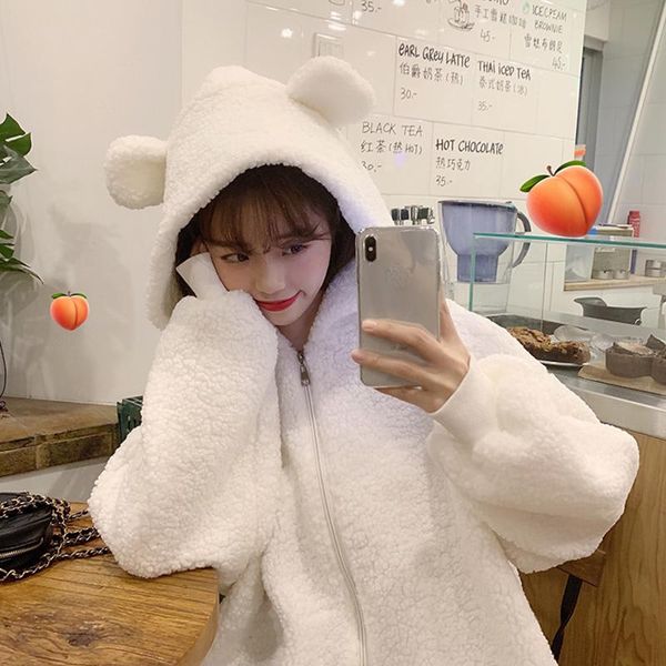 

lucyever sweet little bear ear furry hooded jacket 2021 winter keep warm white plush coat female korean style leisure sweatshirt, Black;brown