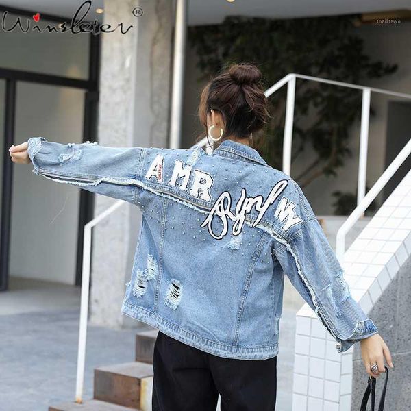 

autumn winter korean clothes denim jacket shiny diamonds letter streetwear women coat vintage hole cowboy outerwear c073061, Black;brown