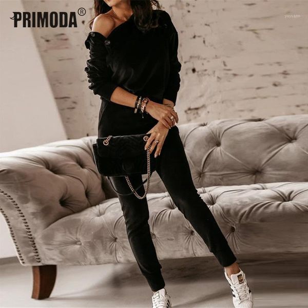 

off shoulder button hoodies sets women tracksuits running sports long pants warm 2020 autumn winter lounge wear suit pr179m1, Gray