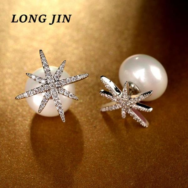 

korean creative star pearl earrings female models with zircon double-sided snowflake wild silver color earrings couple jewelry