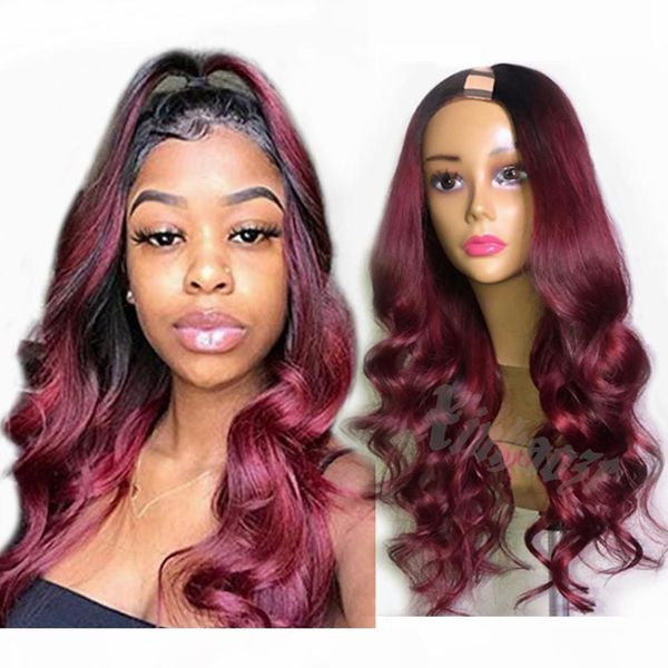 

brazilian 1b 99j ombre burgundy human hair u part wigs for black women 180density remy hair wigs middle open u part wigs, Black;brown